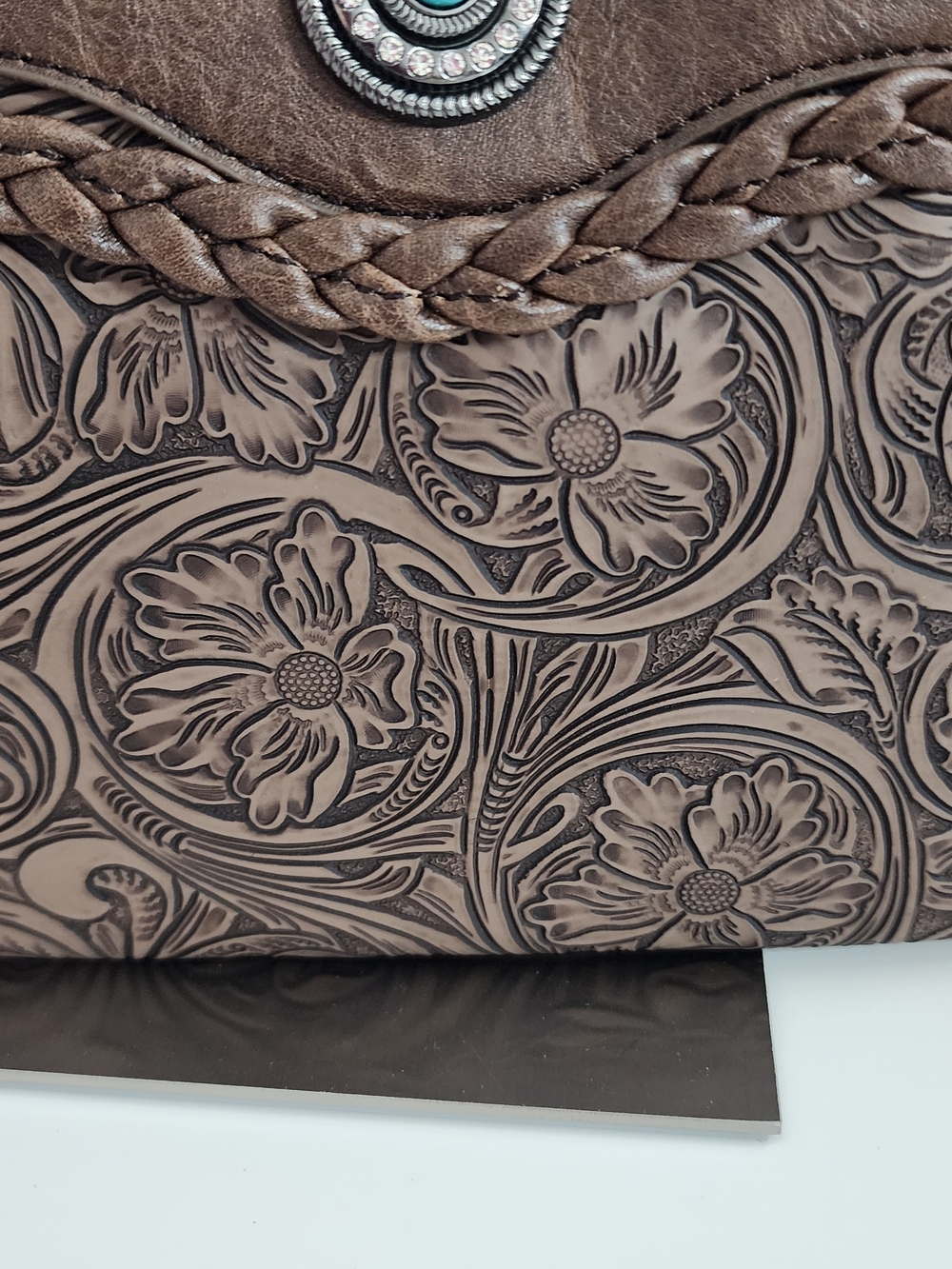 Western Style Embossed Brown Vegan Leather Crossbody Bag with Turquoise Accent - Picture 4 of 11